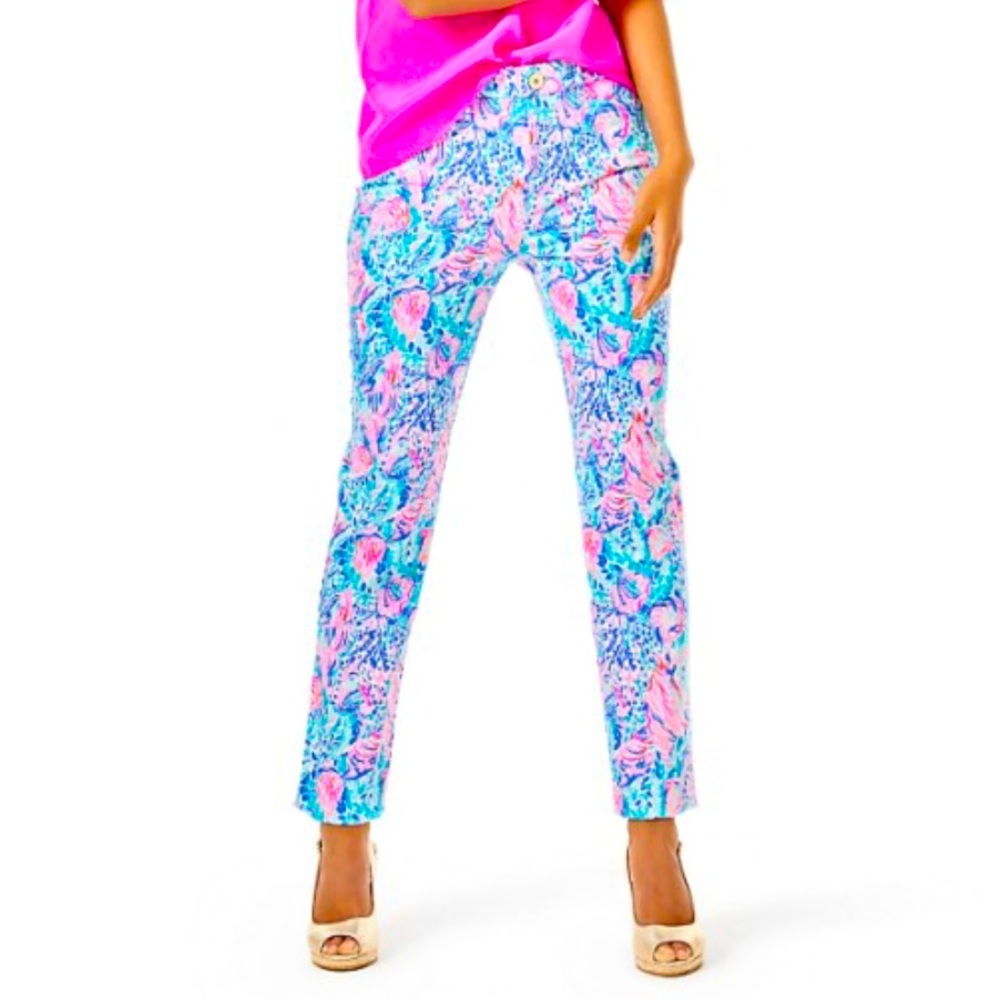 Lilly Pulitzer Pink & Blue Tropical Print Slim Pants